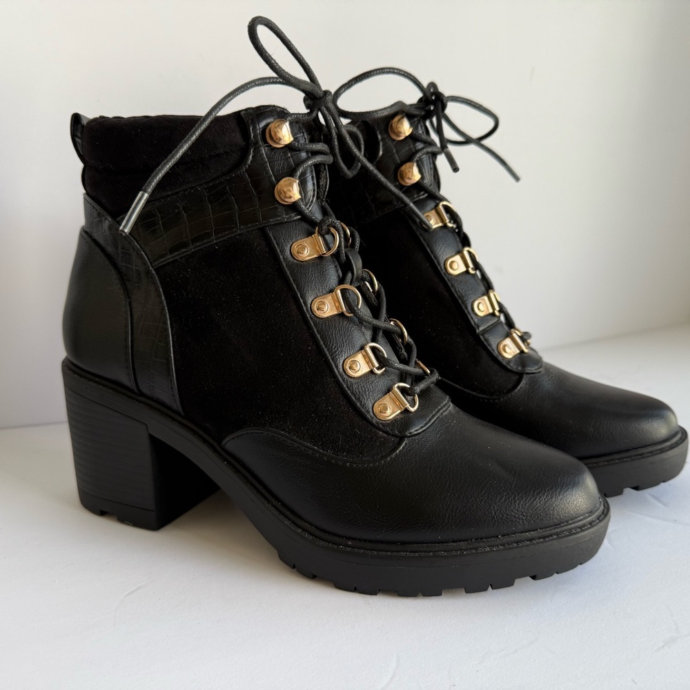 JustFab Black Lace Up Boots with Gold Details